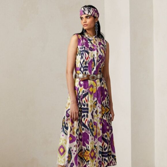 Ralph Lauren Resort 2022 Collection Freida Ikat Print Silk A-Line Midi Day Dress - Picture 1 of 15